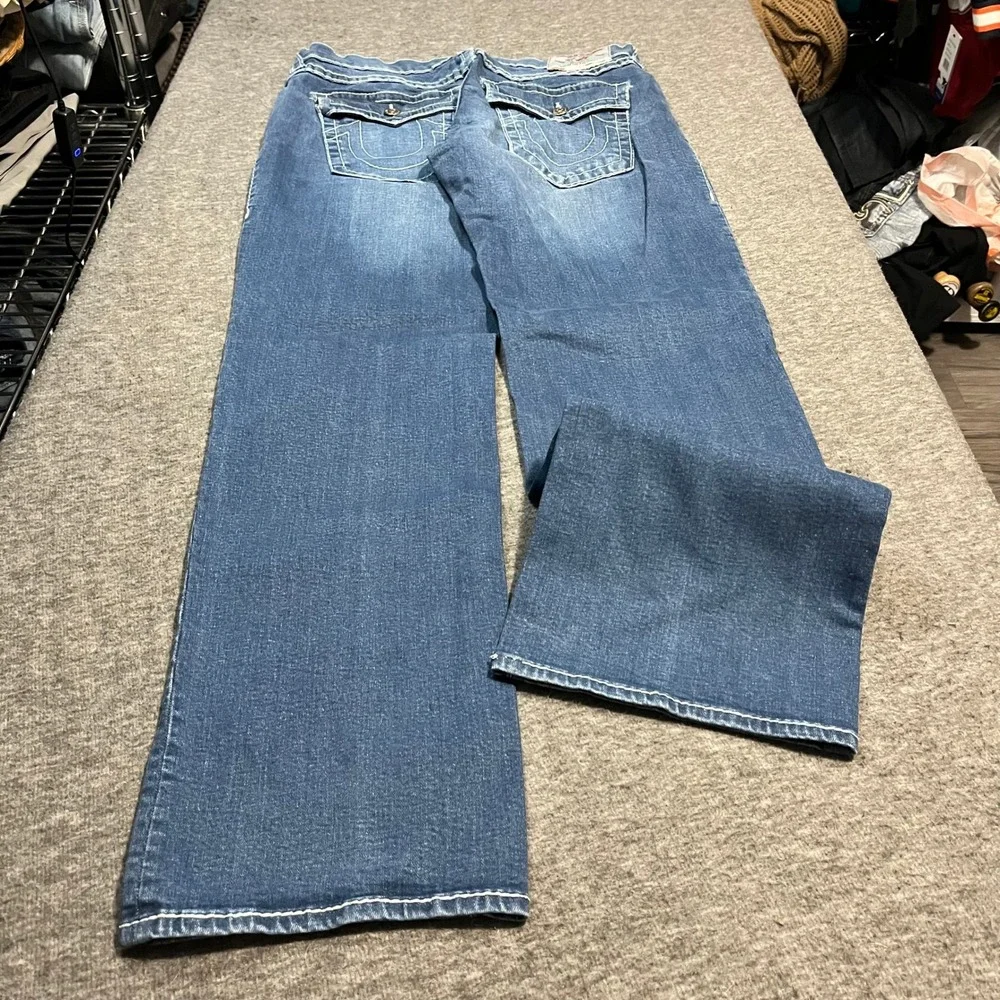 True Religion Ricky Relaxed Straight Blue Jeans White Super T Stitch 33x33